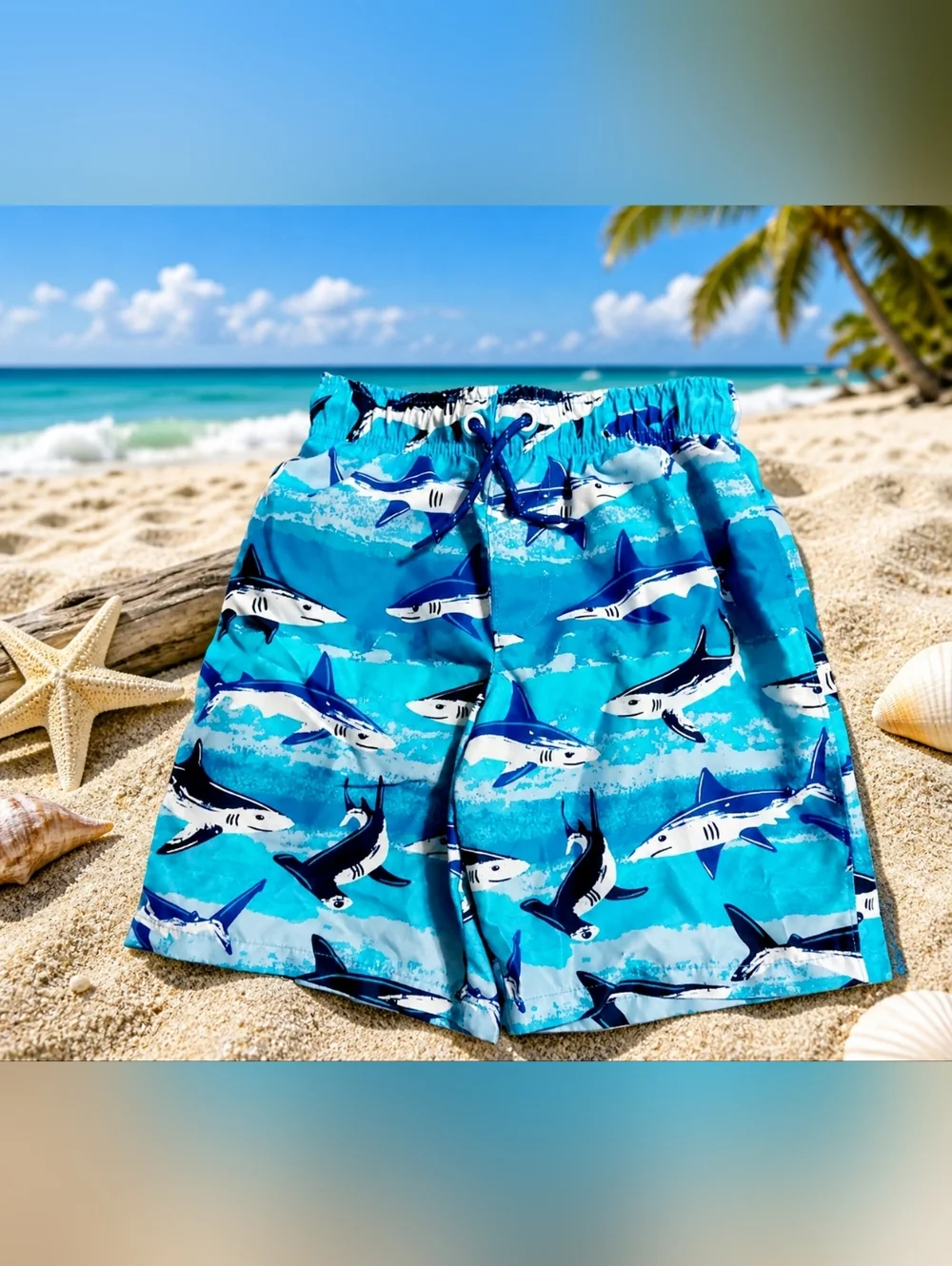 Boys Shark Swim Trunks Size 8 Blue Ocean Print Mesh Lined Adjustable Waist